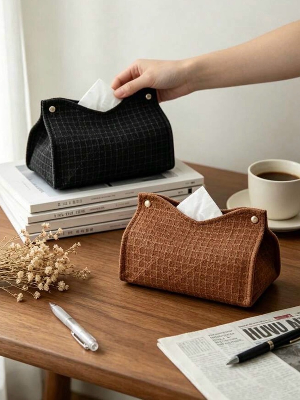 LAST Two!!! 2pc Brown Woven Pattern Tissue Holder Storage Organizer